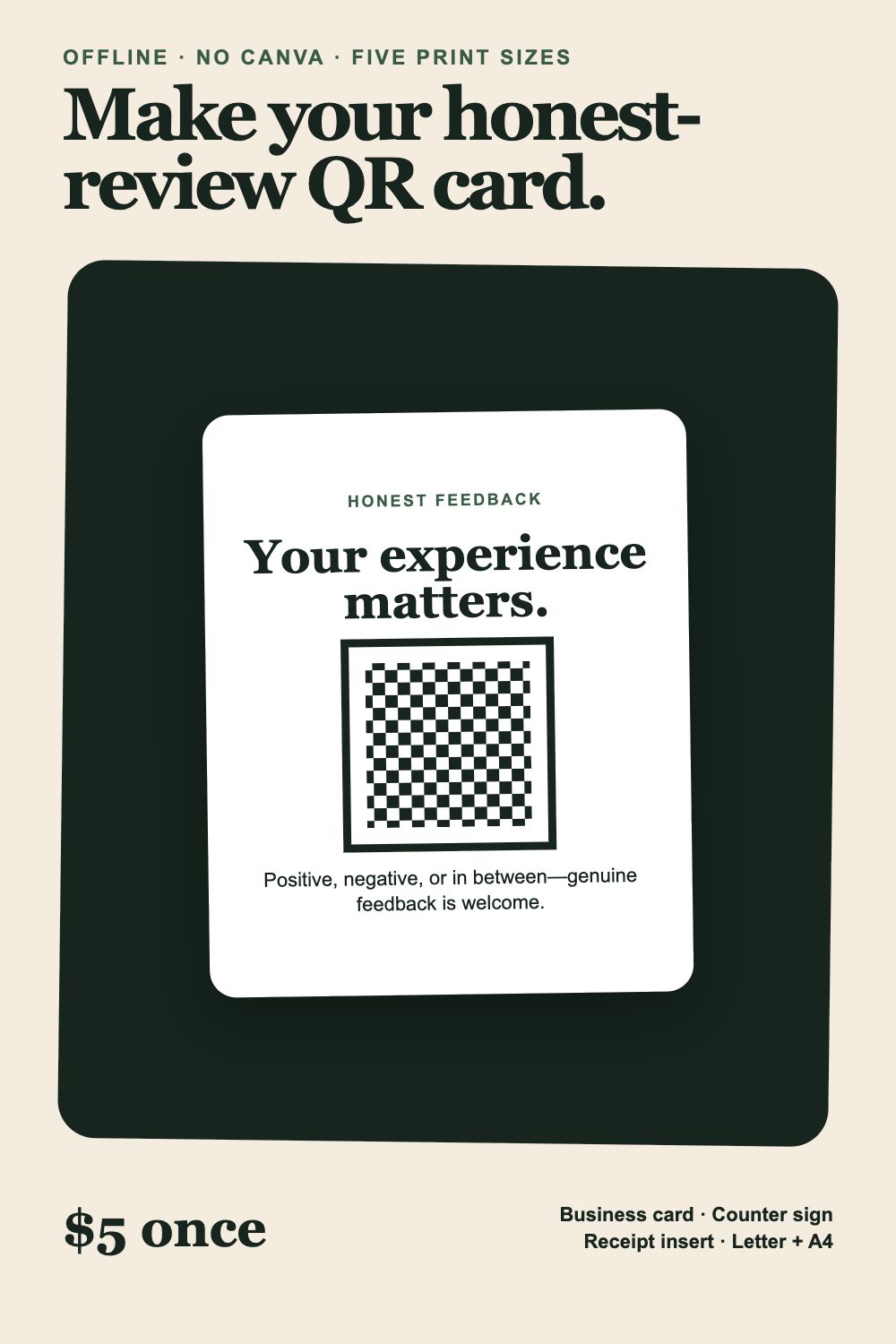 Honest-review QR card maker with five print sizes and no Canva account
