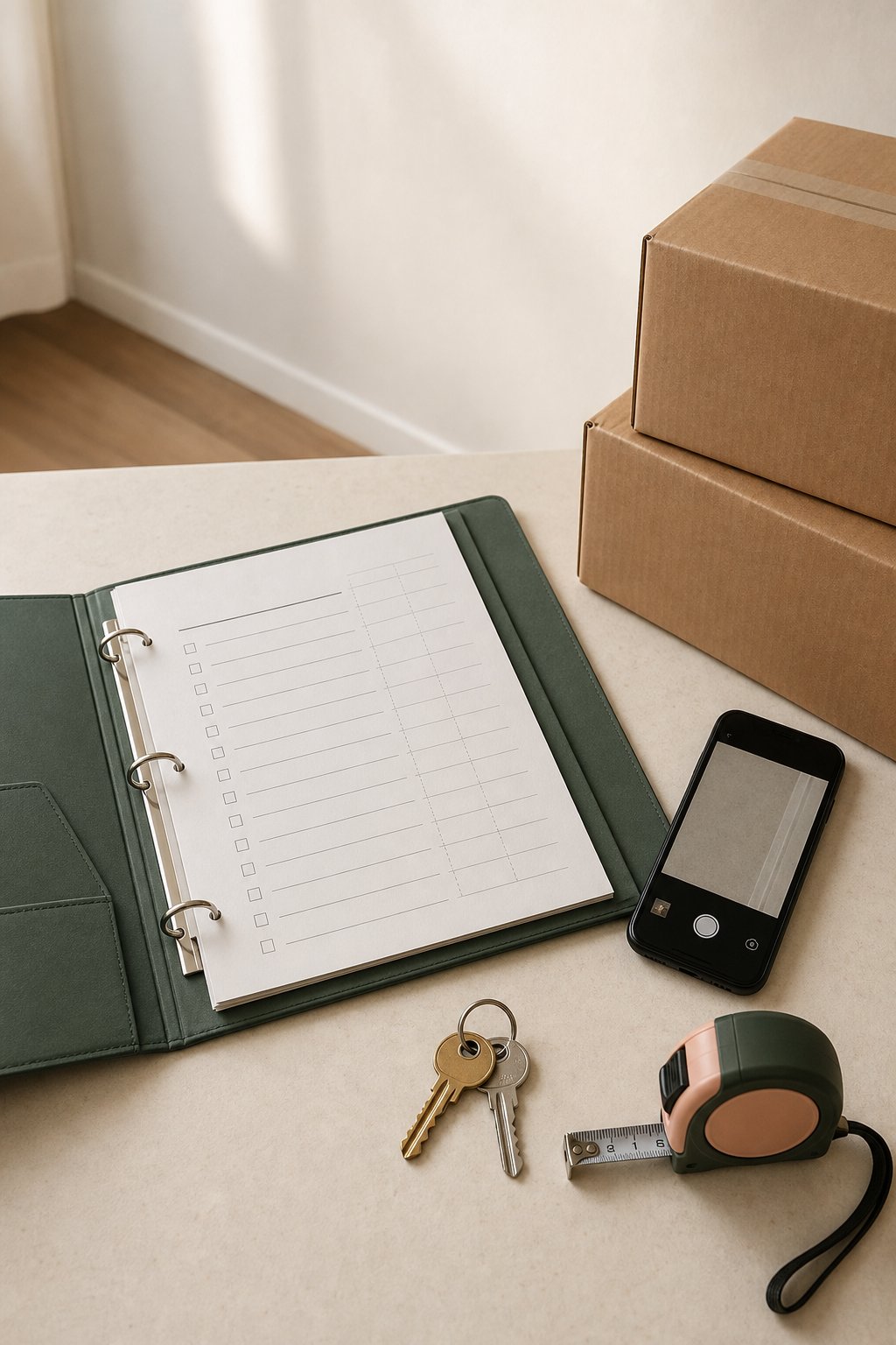 Move-in proof binder, keys, camera and moving supplies